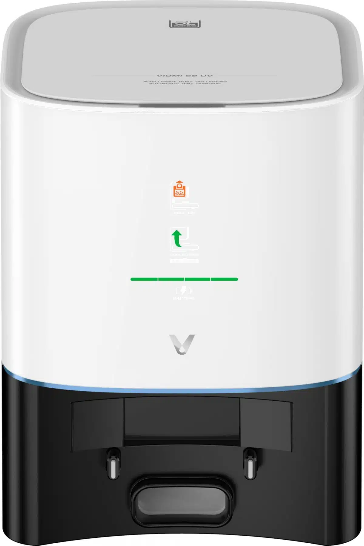 Viomi S9 UV Toz Üniteli Robot Süpürge - Beyaz (Viomi Türkiye Garantili), üzerinde yeşil ışık bulunan beyaz bir makinedir.