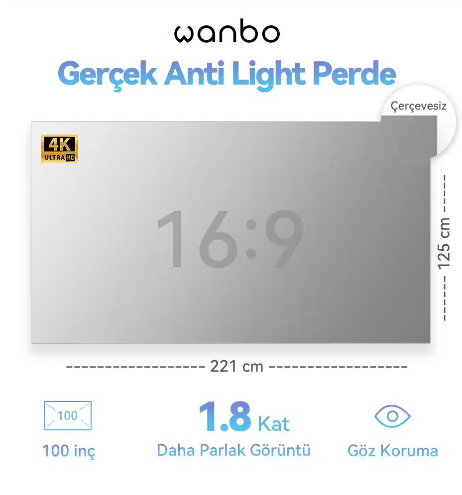 wanbo 100 inc anti light projeksiyon perdesi 221x125 cm 910